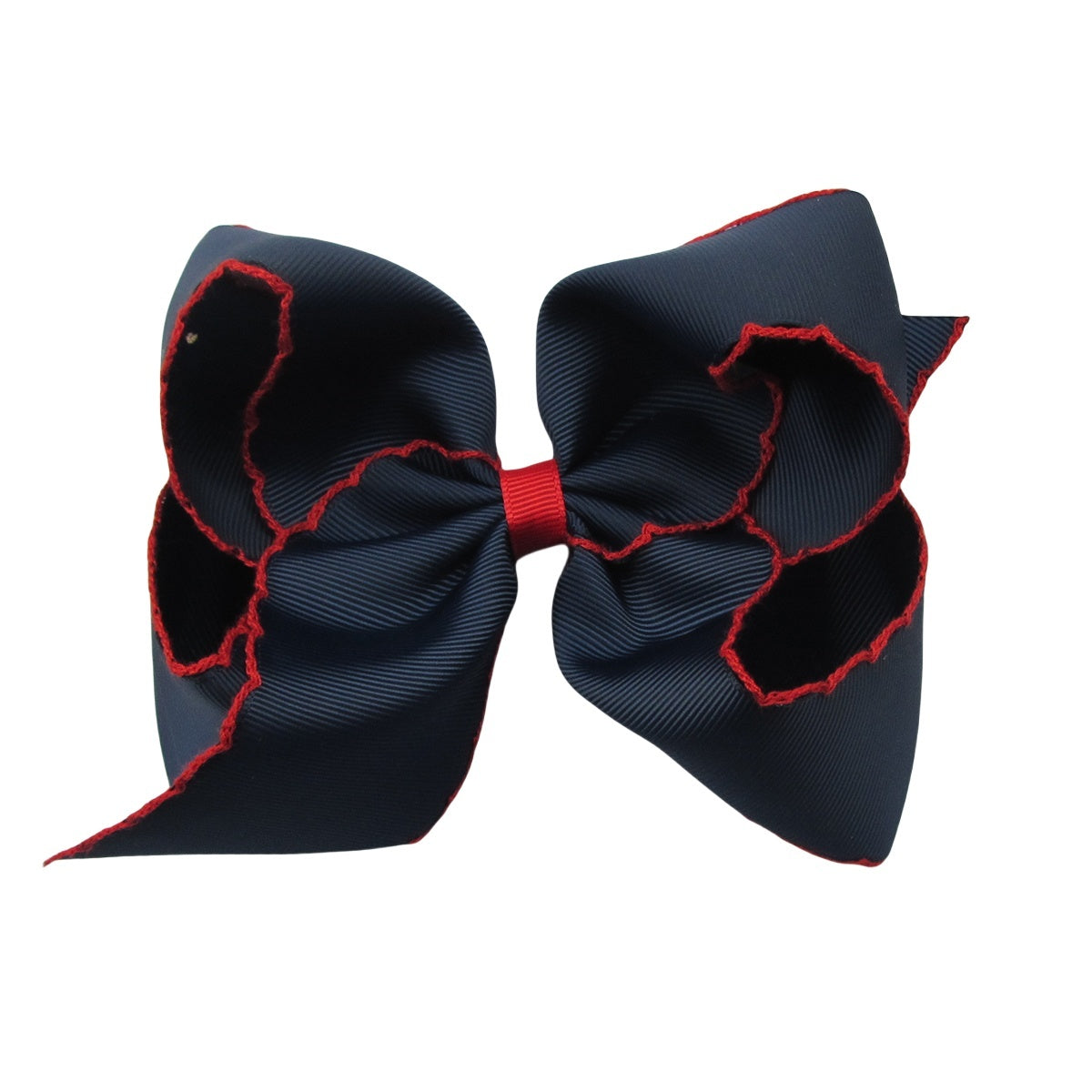 5 IN Navy w/Red stitching Moonstitch Hair Bows on a double prong alligator with Plain center Wrap