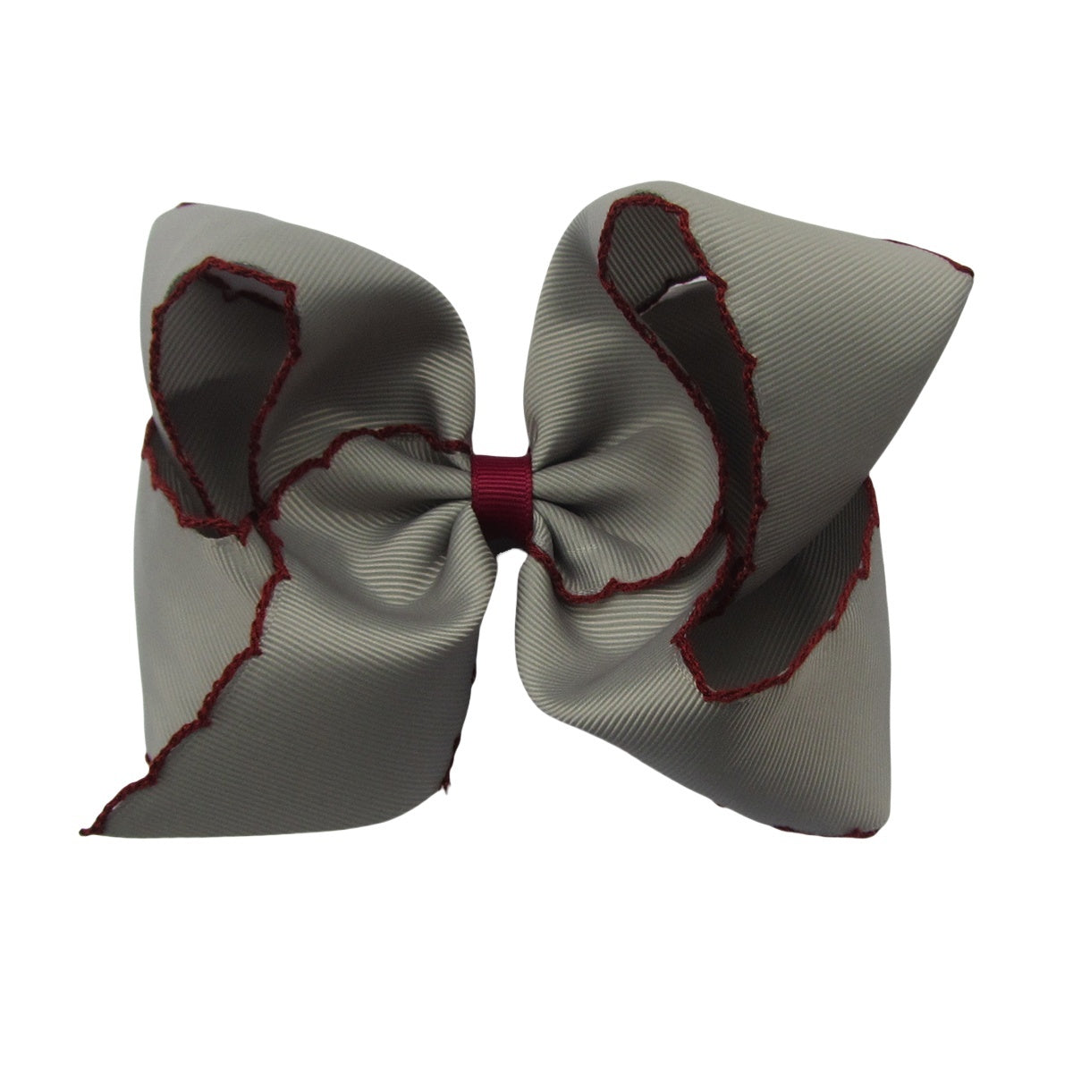 5 IN Silver w/Wine stitching Moonstitch Hair Bows on a double prong alligator with Plain center Wrap