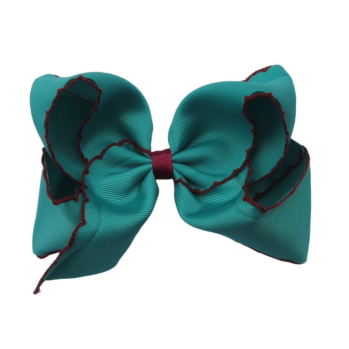 5 IN Jade w/Wine stitching Moonstitch Hair Bows on a double prong alligator with Plain center Wrap