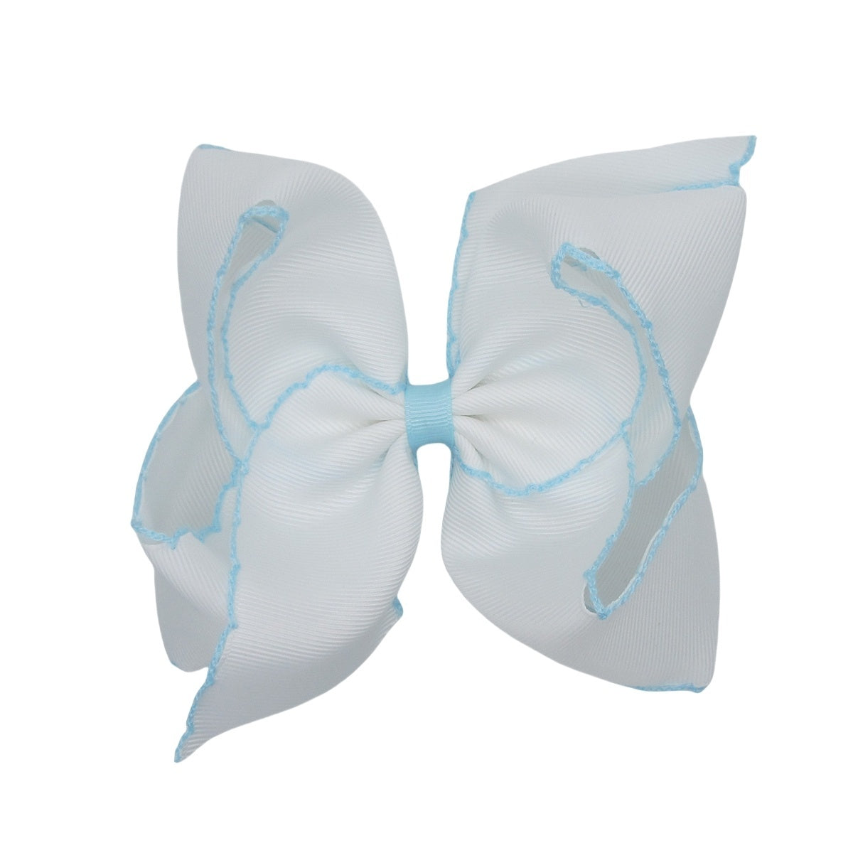 5 IN White w/lt.Blue stitching Moonstitch Hair Bows on a double prong alligator with Plain center Wrap