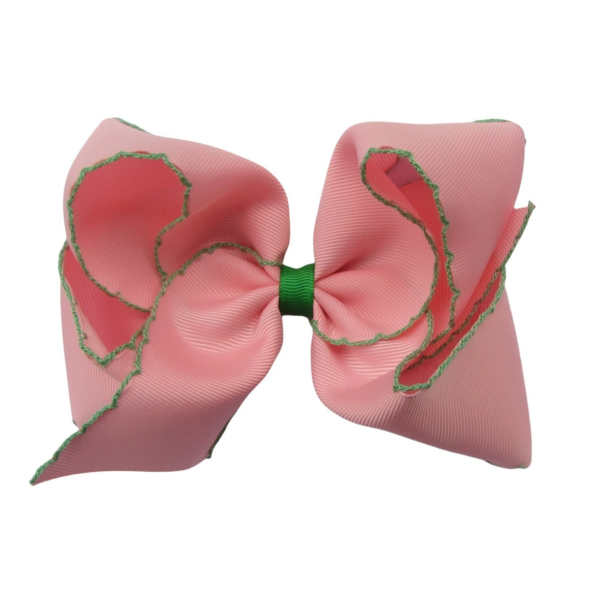 5 IN Pink w/Green stitching Moonstitch Hair Bows on a double prong alligator with Plain center Wrap