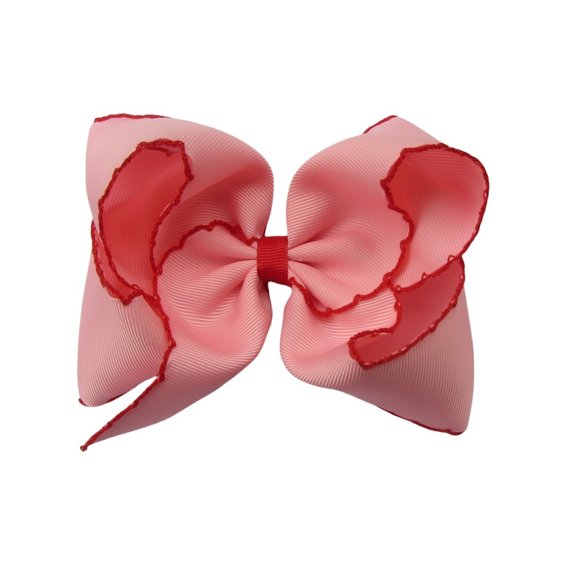 5 IN Pink w/Red stitching Moonstitch Hair Bows on a double prong alligator with Plain center Wrap