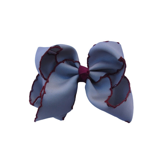 4 IN Silver w/Wine stitching Moonstitch Hair Bows on a double prong alligator with Plain center Wrap