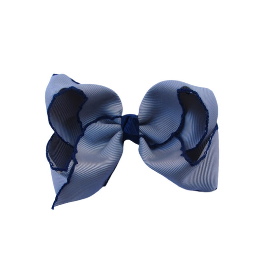 4 IN Silver w/Navy stitching Moonstitch Hair Bows on a double prong alligator with Plain center Wrap