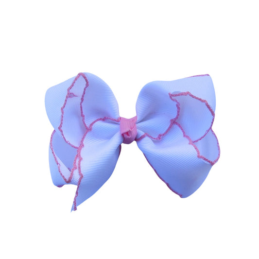 4 IN White w/Hot.Pink stitching Moonstitch Hair Bows on a double prong alligator with Plain center Wrap