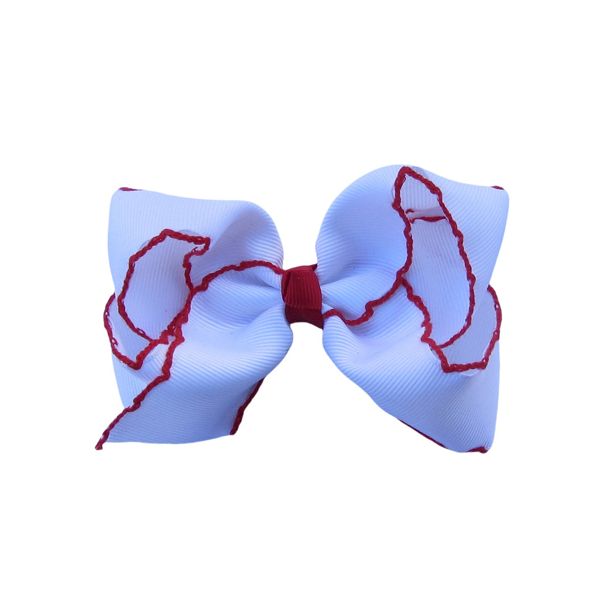 4 IN White w/Red stitching Moonstitch Hair Bows on a double prong alligator with Plain center Wrap