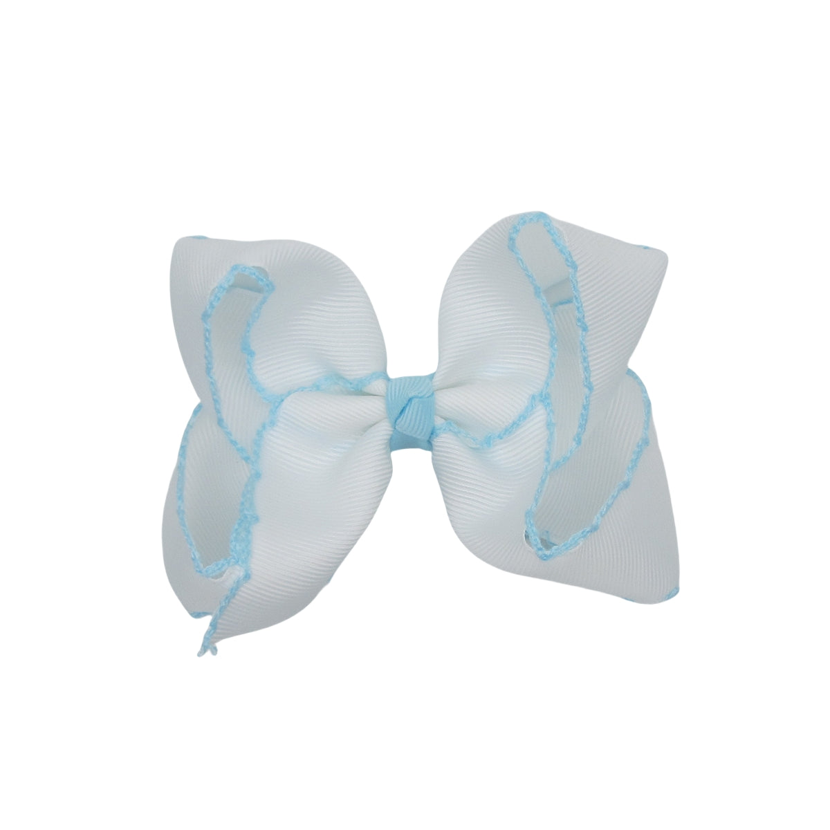 4 IN White w/Blue Topaz stitching Moonstitch Hair Bows on a double prong alligator with Plain center Wrap