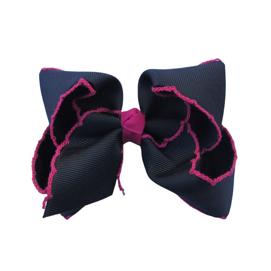 4 IN Black w/Shocking Pink stitching Moonstitch Hair Bows on a double prong alligator with Plain center Wrap