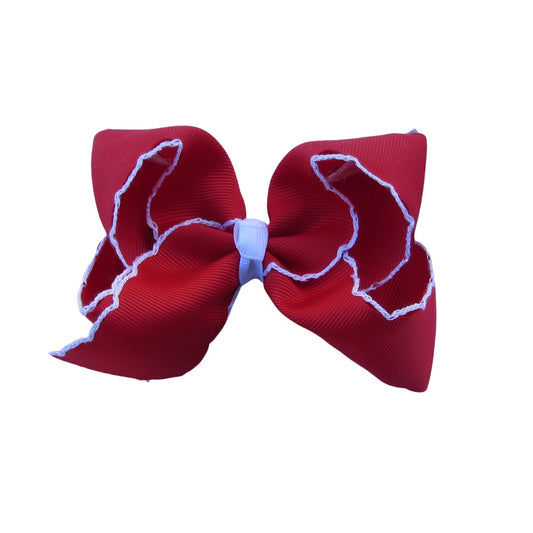 4 IN Red w/White stitching Moonstitch Hair Bows on a double prong alligator with Plain center Wrap