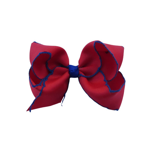 4 IN Red w/Cobalt stitching Moonstitch Hair Bows on a double prong alligator with Plain center Wrap