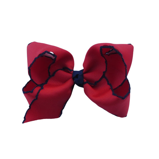 4 IN Red w/Navy stitching Moonstitch Hair Bows on a double prong alligator with Plain center Wrap