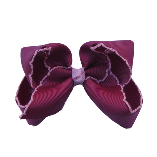 4 IN Wine w/Pink stitching Moonstitch Hair Bows on a double prong alligator with Plain center Wrap