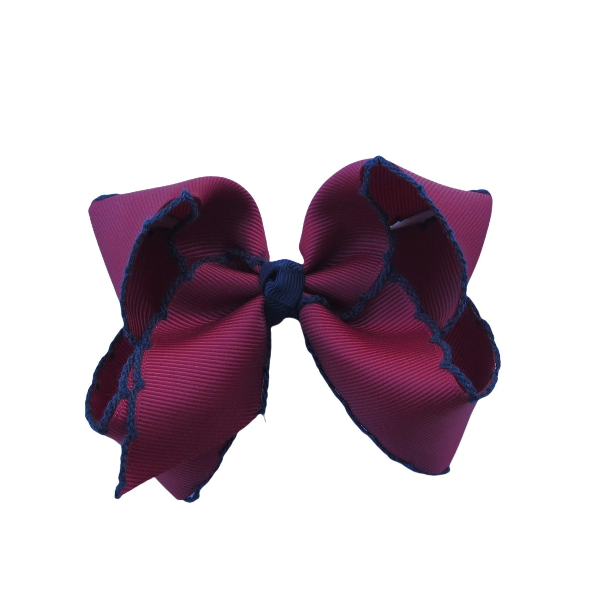4 IN Wine w/Navy stitching Moonstitch Hair Bows on a double prong alligator with Plain center Wrap