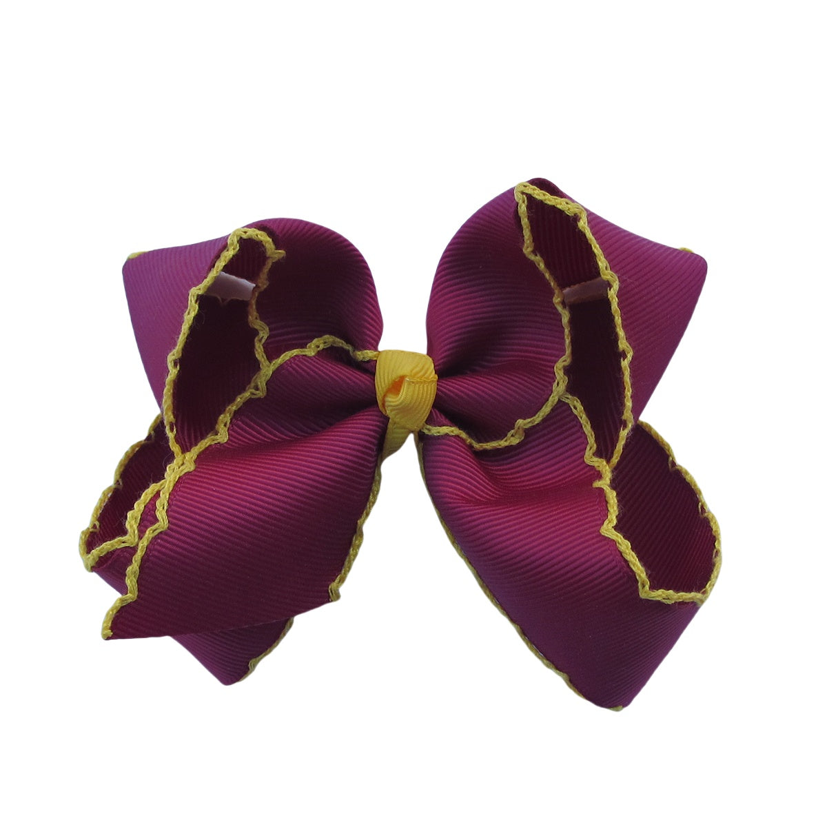 4 IN Wine w/Maize stitching Moonstitch Hair Bows on a double prong alligator with Plain center Wrap