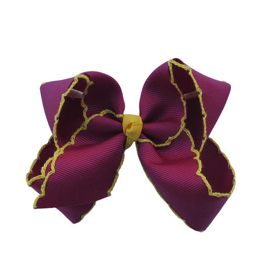 4 IN Wine w/Maize stitching Moonstitch Hair Bows on a double prong alligator with Plain center Wrap
