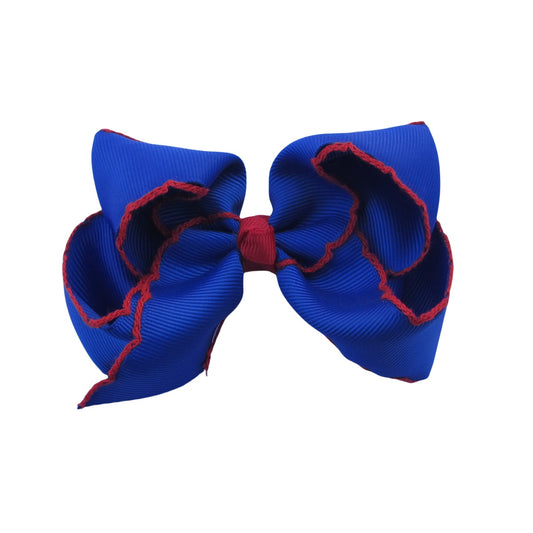4 IN Cobalt w/Red stitching Moonstitch Hair Bows on a double prong alligator with Plain center Wrap