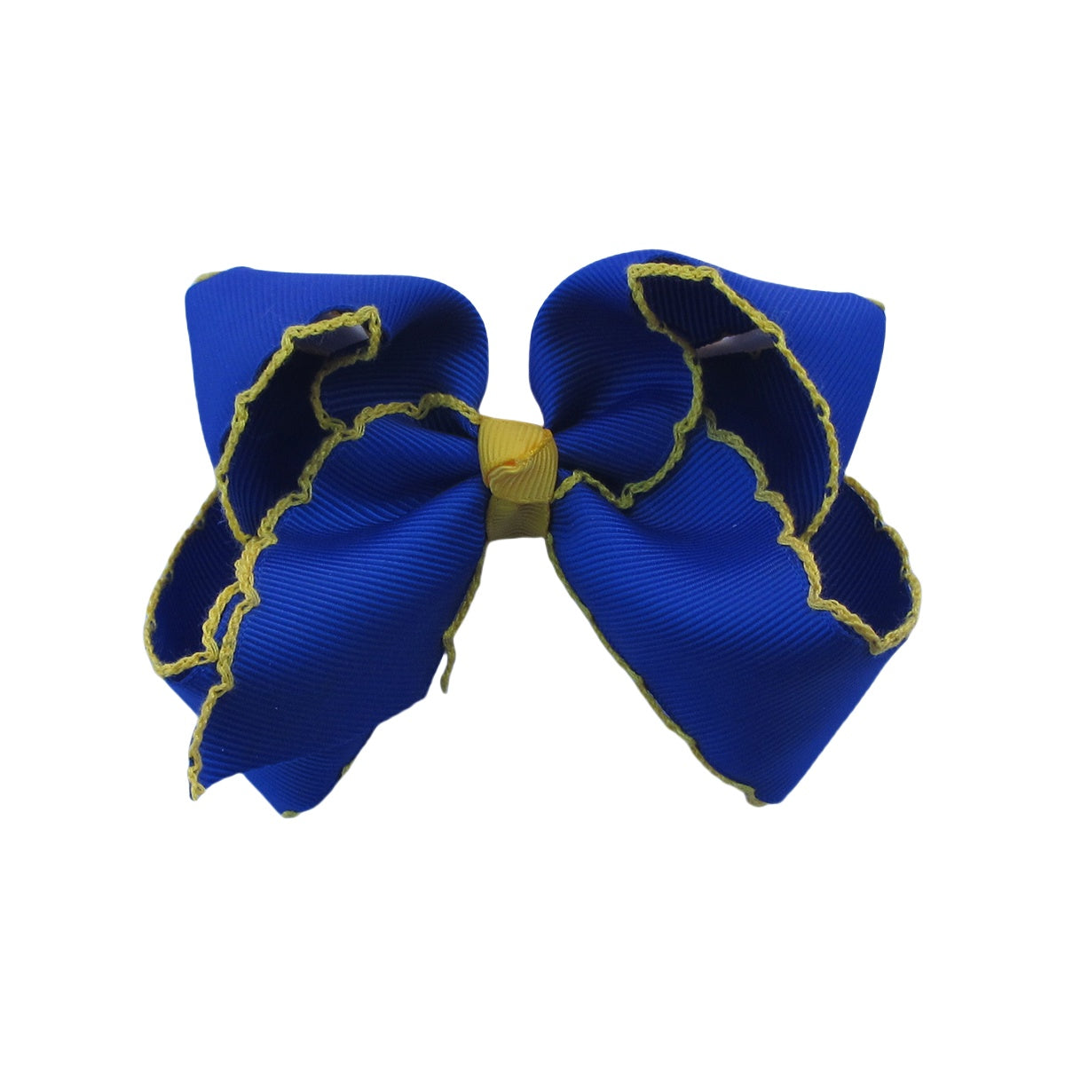 4 IN Cobalt w/Maize stitching Moonstitch Hair Bows on a double prong alligator with Plain center Wrap