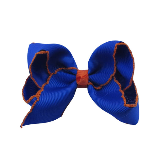 4 IN Cobalt w/Torrid Orange stitching Moonstitch Hair Bows on a double prong alligator with Plain center Wrap
