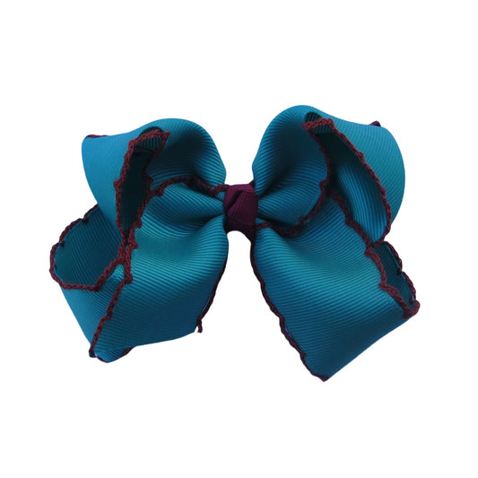 4 IN Jade w/Wine stitching Moonstitch Hair Bows on a double prong alligator with Plain center Wrap