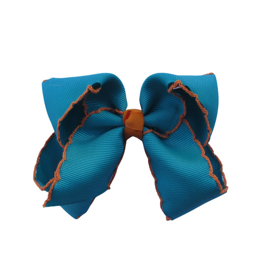 4 IN Jade w/Torrid Orange stitching Moonstitch Hair Bows on a double prong alligator with Plain center Wrap