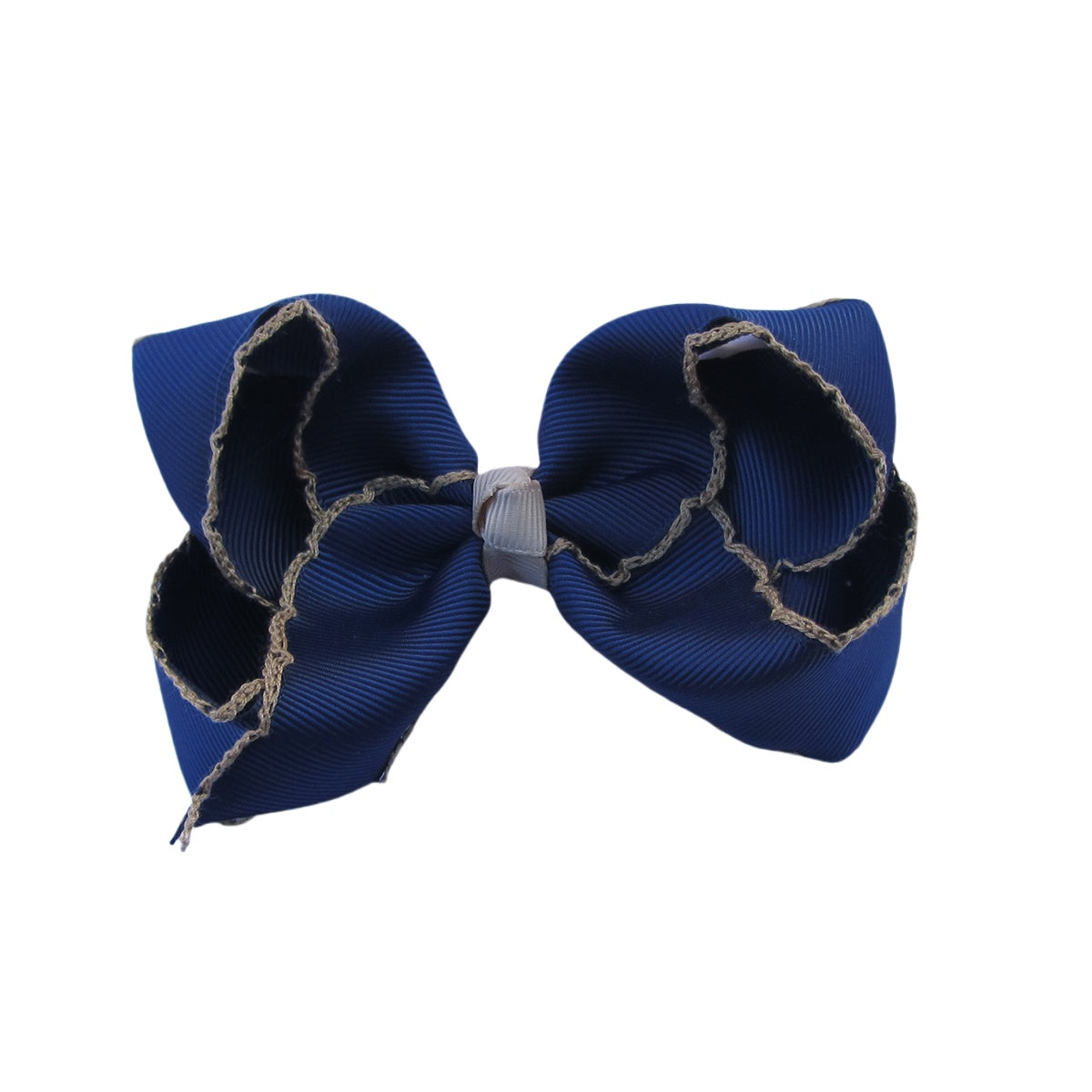 4 IN Navy w/Tan stitching Moonstitch Hair Bows on a double prong alligator with Plain center Wrap