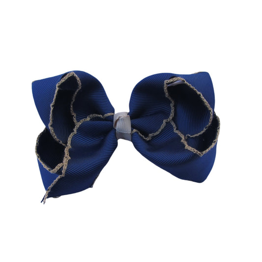 4 IN Navy w/Tan stitching Moonstitch Hair Bows on a double prong alligator with Plain center Wrap