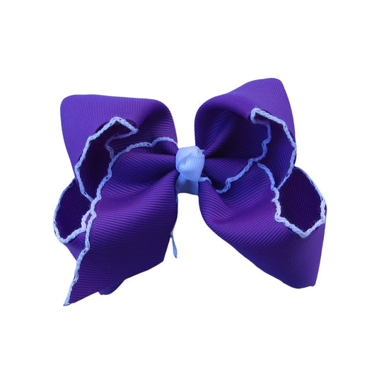 4 IN Purple w/White stitching Moonstitch Hair Bows on a double prong alligator with Plain center Wrap