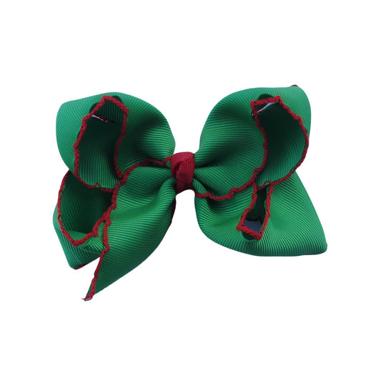 4 IN Emerald w/Red stitching Moonstitch Hair Bows on a double prong alligator with Plain center Wrap