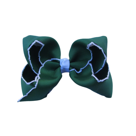 4 IN Forest Green w/White stitching Moonstitch Hair Bows on a double prong alligator with Plain center Wrap