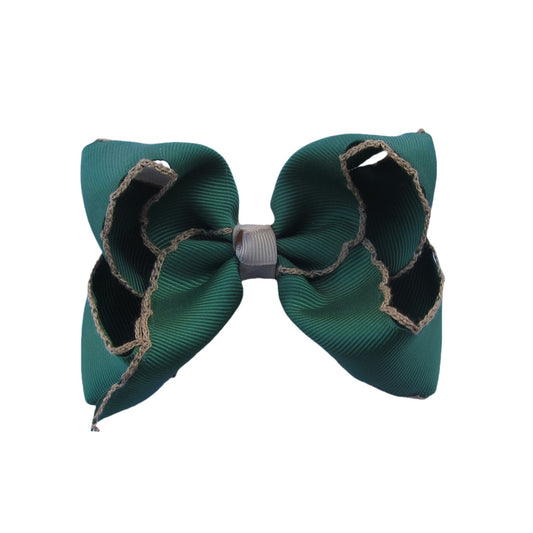 4 IN Forest Green w/Tan stitching Moonstitch Hair Bows on a double prong alligator with Plain center Wrap