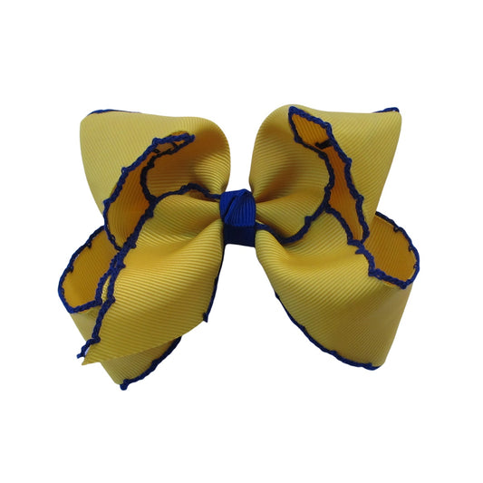 4 IN Maize w/Cobalt stitching Moonstitch Hair Bows on a double prong alligator with Plain center Wrap