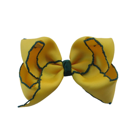 4 IN Maize w/Forest Green stitching Moonstitch Hair Bows on a double prong alligator with Plain center Wrap