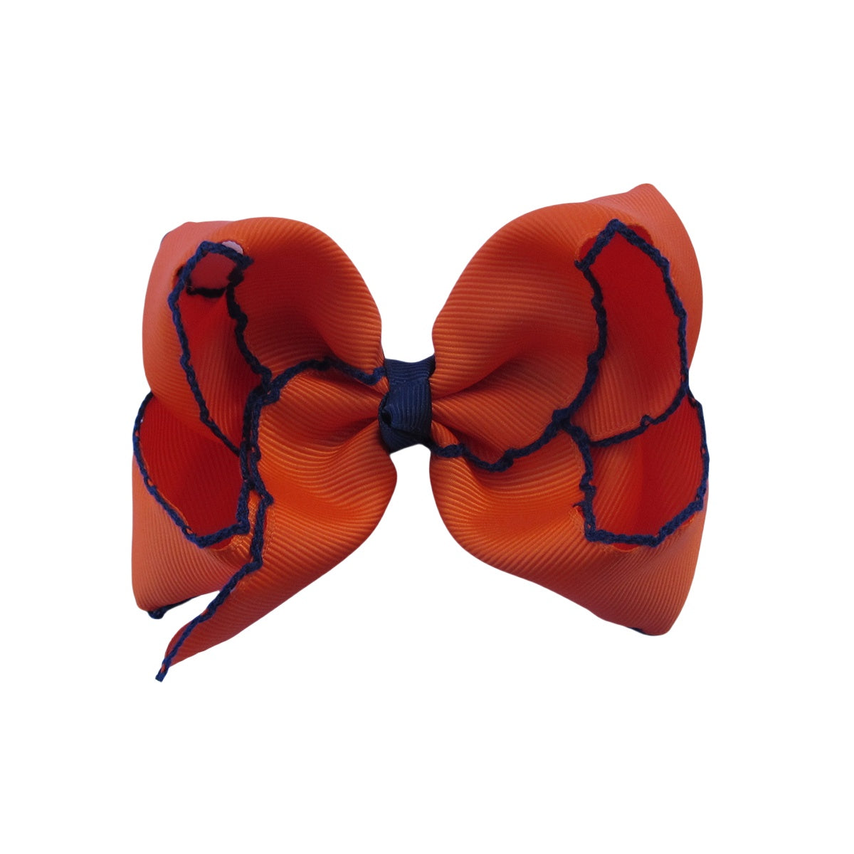 4 IN Torrid Orange w/Navy stitching Moonstitch Hair Bows on a double prong alligator with Plain center Wrap