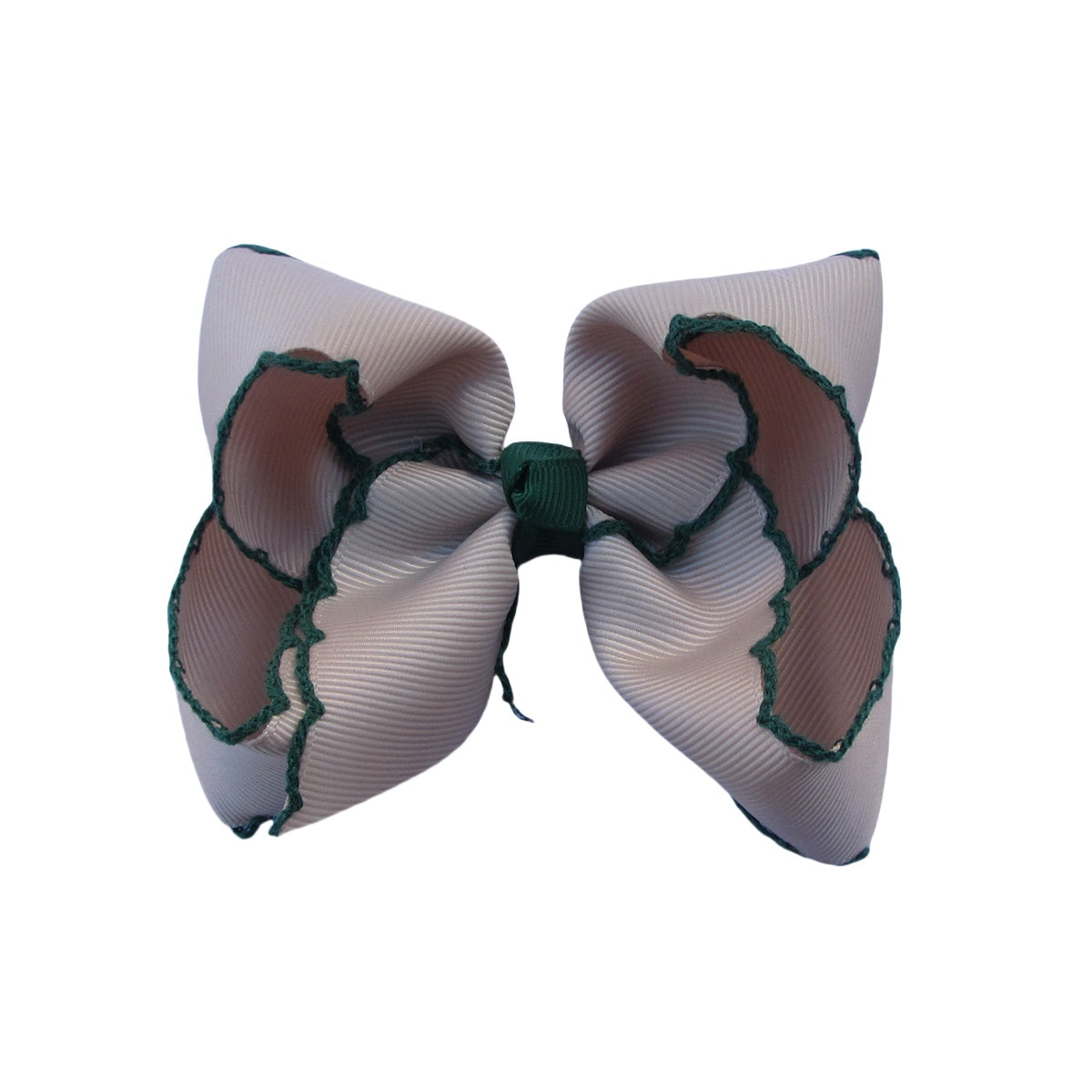 4 IN Tan w/Forest Green stitching Moonstitch Hair Bows on a double prong alligator with Plain center Wrap