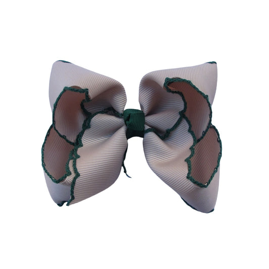 4 IN Tan w/Forest Green stitching Moonstitch Hair Bows on a double prong alligator with Plain center Wrap