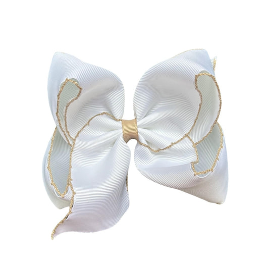 5 IN white w/Tan stitching Moonstitch Hair Bows on a double prong alligator with Plain center Wrap
