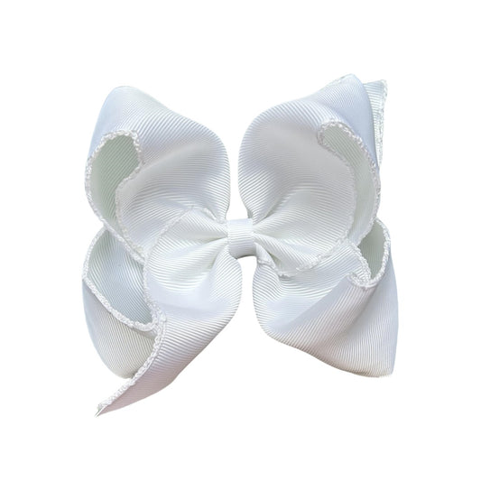 5 IN white w/white stitching Moonstitch Hair Bows on a double prong alligator with Plain center Wrap