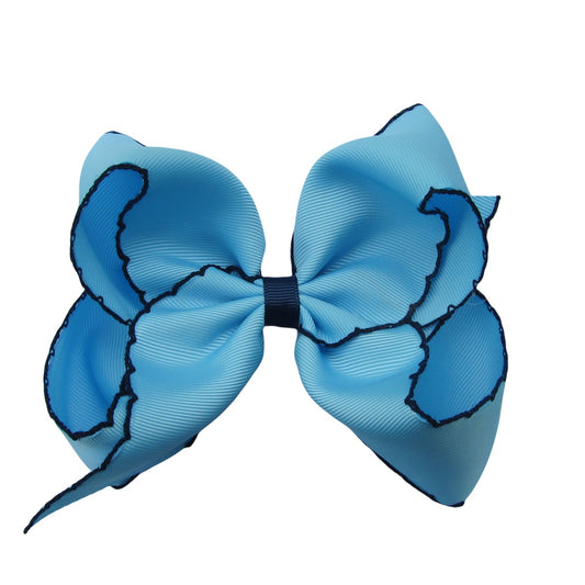 5 IN blue mist w/navy stitching Moonstitch Hair Bows on a double prong alligator with Plain center Wrap