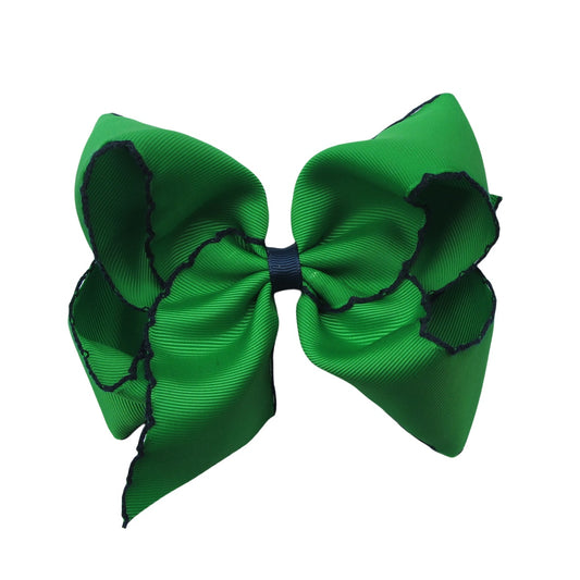 5 IN Emerald w/navy stitching Moonstitch Hair Bows on a double prong alligator with Plain center Wrap