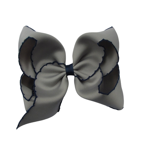 5 IN Grey w/navy stitching Moonstitch Hair Bows on a double prong alligator with Plain center Wrap