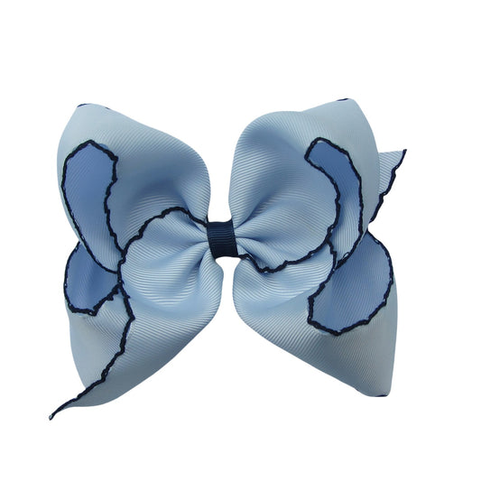 5 IN Lt.blue w/navy stitching Moonstitch Hair Bows on a double prong alligator with Plain center Wrap