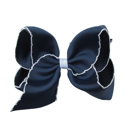 5 IN Lt.navy w/white stitching Moonstitch Hair Bows on a double prong alligator with Plain center Wrap