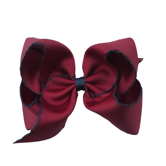 5 IN wine w/navy stitching Moonstitch Hair Bows on a double prong alligator with Plain center Wrap