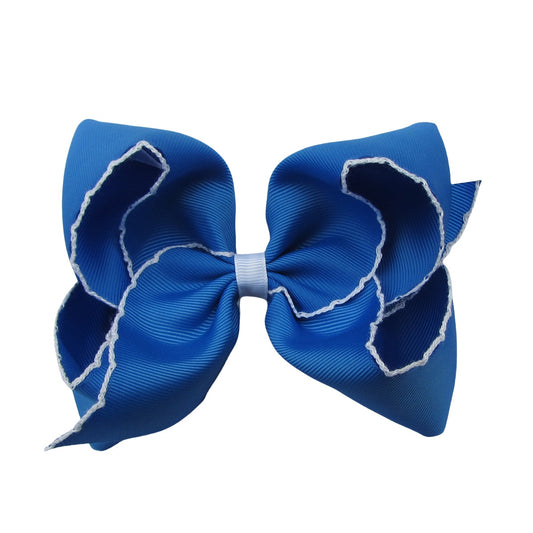 5 IN royal w/white stitching Moonstitch Hair Bows on a double prong alligator with Plain center Wrap
