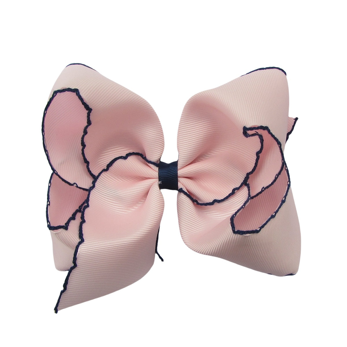 5 IN lt.pink w/navy stitching Moonstitch Hair Bows on a double prong alligator with Plain center Wrap