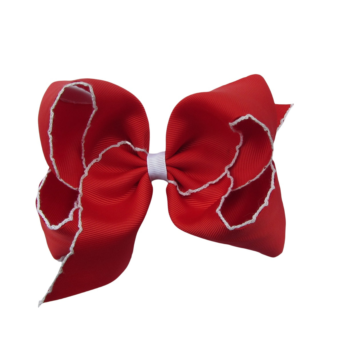 5 IN red w/white stitching Moonstitch Hair Bows on a double prong alligator with Plain center Wrap
