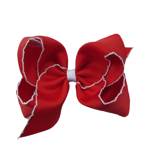 5 IN red w/white stitching Moonstitch Hair Bows on a double prong alligator with Plain center Wrap