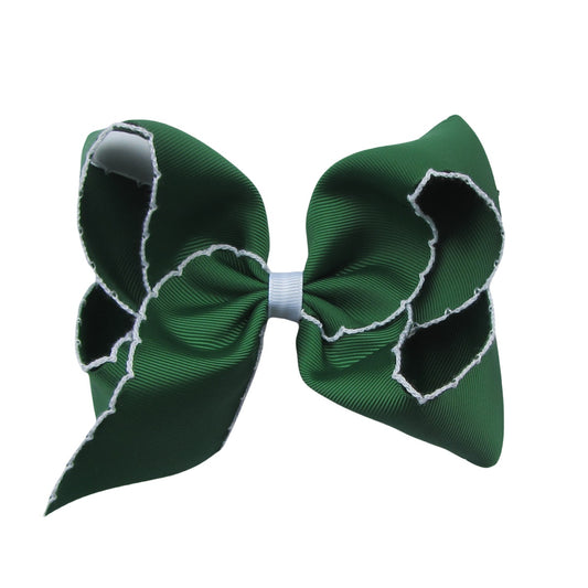 5 IN forest green w/white stitching Moonstitch Hair Bows on a double prong alligator with Plain center Wrap