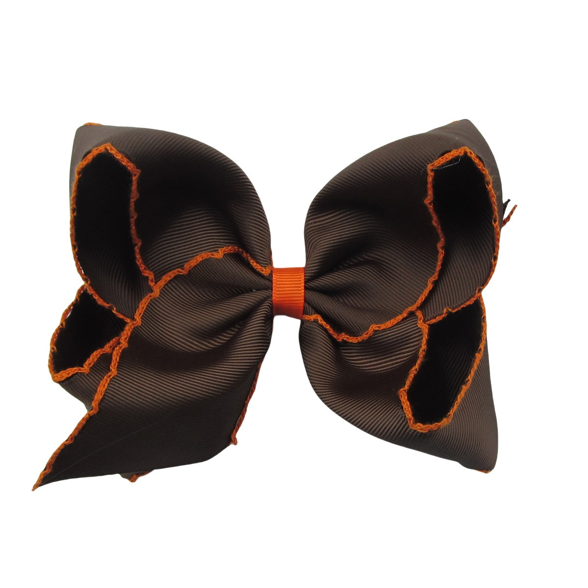 5 IN brown w/orange stitching Moonstitch Hair Bows on a double prong alligator with Plain center Wrap