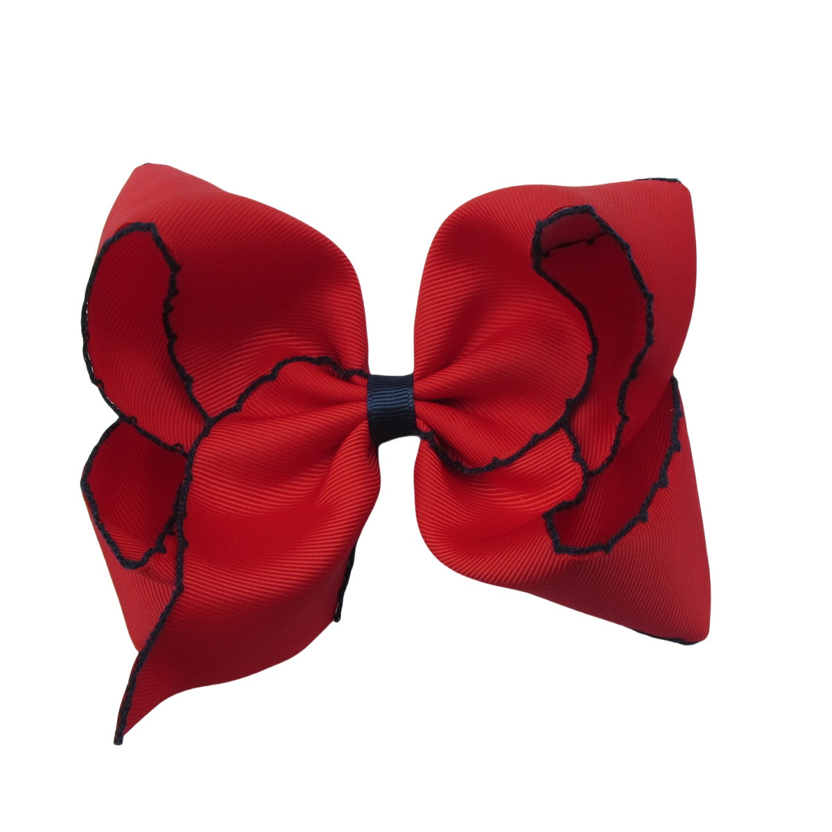 5 IN red w/navy stitching Moonstitch Hair Bows on a double prong alligator with Plain center Wrap